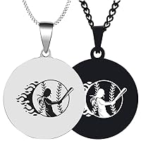 2PCS Mens Womens Baseball Softball Girl Solid Polished Stainless Steel Pendant Necklace Chain