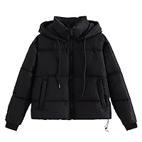 Women Winter Drawstring Quilted Jackets with Hood Long Sleeve Full Zip Puffer Jacket Coats with Pockets Padded Coats