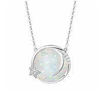 FANCIME 14K Solid Gold Round Mother of Pearl Opal Disc Coin Moon Star Necklace with Natural White Diamonds Fine Delicate Jewelry Anniversary Christmas Holiday Gifts for Women Girls