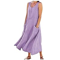 Linen Dresses for Women 2024 Solid Color Classic Casual Loose Fit with Sleeveless U Collar Pockets Summer Dress