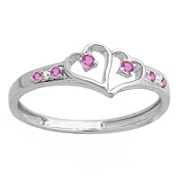 Dazzlingrock Collection Round White Diamond And Pink Sapphire Ladies Promise Double Heart Love Engagement Ring, Sterling Silver