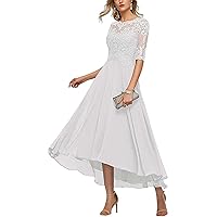 Women's Lace Applique Chiffon Mother of The Bride Dress for Wedding Half Sleeves Formal Evening Gowns White US26W