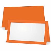 Orange Place Cards - Flat or Tent - 10 or 50 Pack - White Blank Front with Border - Placement Table Name Seating Stationery Party Supplies - Occasion or Event - Dinner Food Display (50, Tent Style)