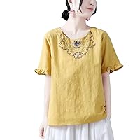 Women's Round Neck Vintage T-Shirts Embroidery Cotton Linen Tee Solid Short Sleeve Loose Tops