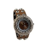 Geneva Platinum Women's Round Rhinestone-Accented Studded Faux Leather Snap Watch