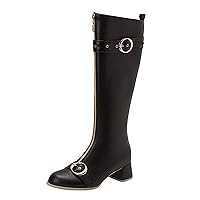 Womens Knee High Boots Chunky Low Flat Heel Side-Zip Back Lace-Up Faux Leather Riding Footwear Winter Combat Boots