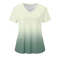 Womens Summer Tops Gradient Nursing Uniform with Pockets Casual Loose V Neck Short Sleeve Workwear T-Shirt Tunic Blouse