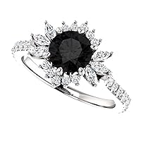 Love Band 3.00 CT Dahlia Black Diamond Engagement Ring 14k White Gold, Halo Floral Black Diamond Ring, Flower Black Onyx Ring, Round Marquise Black Diamond Ring, Promise Ring For Her