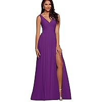 V Neck Bridesmaid Dresses Long Split Chiffon Pleated Wedding Evening Prom Gown for Women Purple Size 12