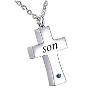 misyou Customized Stainless Steel Memorial September Birthstone Pendant Cremation Cross Pendant Keepsake Necklace （Son）