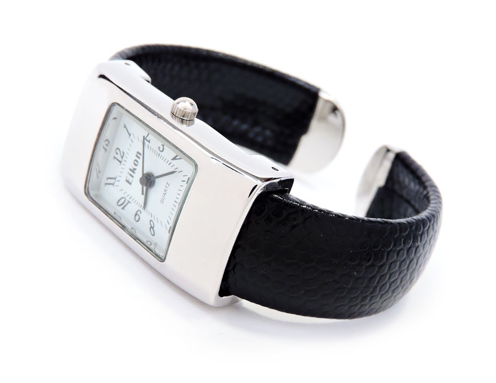 Black Silver Leather-Like Band Rectangle Case Easy to Read Small Size Women's Bangle Cuff Watch
