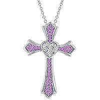 Created Heart Cut Purple Amethyst 925 Sterling Silver 14K Gold Over Diamond Heart Cross Pendant Necklace for Women's & Girl's