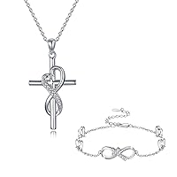 Infinity Cross Necklace Bracelet Jewelry Set for Women Sterling Silver Heart Cross Necklaces Religious Jewelry Birthday Gift for Girls