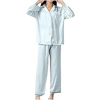 Lace Trim Silk Pajamas Set for Women Solid Button Up Long Sleeve Shirts & Pants 2Pcs Outfit Loungewear Satin Sets