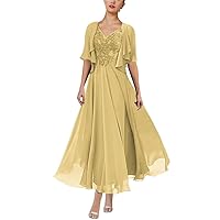 2 Piece Tea Length Mother of The Bride Dresses with Jacket Short Sleeves Lace Formal Evening Gown with Pockets