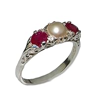 10k White Gold Cultured Pearl and Ruby Womens Band Ring