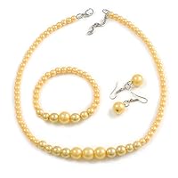 Butter Yellow Faux Pearl Bead Necklace/Stretch Bracelet/Drop Earrings Set - 44cm L/ 4cm Ext