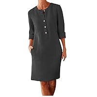 Cotton Linen Dress for Women Long Roll-up Sleeve Midi Length Button Down Shirt Dress Plain Casual Dress with Pocket