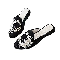 Women Satin Embroidered Pointy Toe Flat Mules Slippers Comfortable Soft Summer Chinese Style Shoes Black Beige
