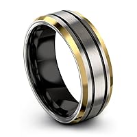 Tungsten Wedding Band Ring 10mm for Men Women Bevel Edge Grey 18K Yellow Gold Black Double Line Brushed Polished