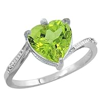 10K White Gold Natural Peridot Ring Heart 9x9mm Diamond Accent, Size 10