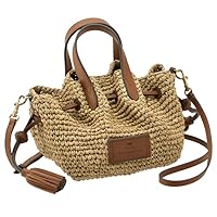 Anya Hindmarch 163545 Drawstring Raffia Bucket Bag, Small, 2-Way Handbag, Brown