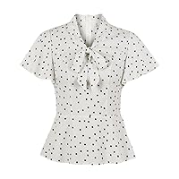 Women Casual Blouse White Bow Neck Dot Print Short Sleeves Shirt Summer Female