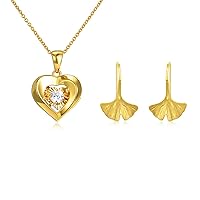 SISGEM 18k Yellow Gold Heart Necklace and Drop Earrings Set, Love Jewelry Gifts for Women