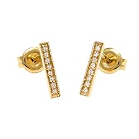 14k Yellow Gold Bar Round Cut Pave Set 0.05 dwt Diamond Earrings
