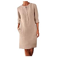 Spring Beach Dresses Wedding Guest Knee-Length Cocktail Crew Neck 2024 Button Down Round Neck with Pockets Linen Boho