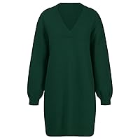 Women's V Neck Ribbed Long Sleeve Sweater Dress High Neck Slim Fit Knitted Midi Dress Casual Batwing Sleeve Pullover