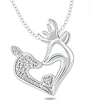 Round Cut Cubic Zerconia Accent Tilted Deer Heart Pendant W/18 Chain 14k White Gold Plated 925 Sterling Silver.