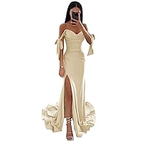 Off Shoulder Mermaid Satin Prom Dresses for Women Long Bow Ruffled Bridesmaid Dresses for Wedding with Slit