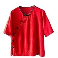 Linen Cotton Tee for Women Half Sleeve Chinese Button Blouses