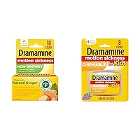 Dramamine Non-Drowsy, Motion Sickness Relief, Made with Natural Ginger, 18 Count & Kids Chewable, Motion Sickness Relief, Grape Flavor, 8 Count