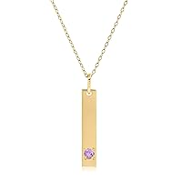MAX + STONE 14k White or Yellow Gold Bar Pendant Necklace for Women with 3mm Small Round Gemstone on 16 to 18 Inches Adjustable Cable Chain with Spring Ring Clasp Birthstone