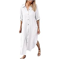 Womens 2024 Button-Down Long Sleeve Cardigans Maxi Dresses Summer Casual Cotton Linen Lapel Shirt Dress with Side Split