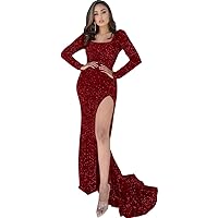 Tsbridal Women's Long Sleeve Sequin Prom Dresses 2024 with Slit Mermaid Formal Evening Dress with Train