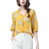 Yellow Floral Ladies Chiffon Blouse Women Spring Summer Tops Beaded Long Sleeve V-Neck Female Office Blouses