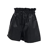 Women PU Leather Wide Leg Shorts Autumn Winter Solid A-Line Elastic High Waist Faux Leather Shorts with Drawstring