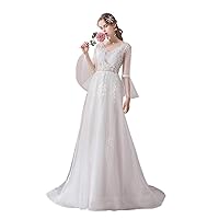 Sexy V-Neck Court Train Lace Up A-line Full Flare Sleeve Princess Wedding Dresses