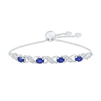 DGOLD 925 Sterling Silver White Round Diamond & Oval Blue Sapphire Fashion Adjustable Bolo Bracelet