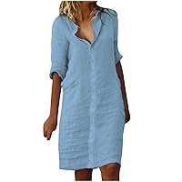 Summer Dress for Women Women Cotton and Linen Shirt Dress Casual Loose Solid Half Sleeve Knee-Length Beach Dresses