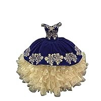 V Neck Off Shoulder Gold Embroidery Ball Gown Prom Formal Dresses Ruffles Lace up Back 2024
