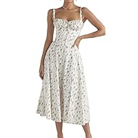 Women Summer Boho Spaghetti Straps Split Thigh Midi Dress Tie Front Solid Floral Print Sleeveless Vintage A Line Beach Dress