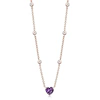 Gem Stone King 18K Rose Gold Plated Silver Purple Amethyst and White Moissanite Long By The Yard Chain Necklace For Women (1.20 Cttw, Heart Shape 7MM, 17 Inch with 2 Inch Extender)