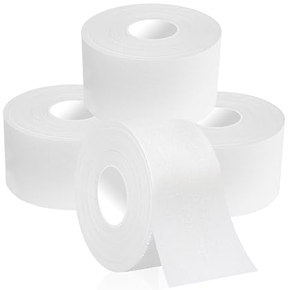 Dimora 4-Rolls White Athletic Sports Tape Very Strong Tape for Athlete & Sport Trainers & First Aid Injury Wrap, Perfect for Fingers Ankles Wrist on Bat, Hockey Stick, 4 Rolls, Total 1.5inch X 60Yds