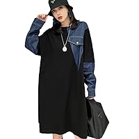 Spring Autumn Round Neck Pullover Dress Loose Mid-Length Denim Color Blocking Leisure Dress Black Women's