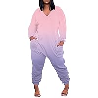 Jumpsuits for Women: Fashionable and Casual plus Size Long Sleeve V-Neck Gradient Color Rompers with Pockets
