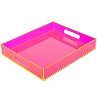 Large Acrylic Serving Tray Decorative Ottoman Coffee Table Tray with Handles Decor Food Tea Fruit Dinner Snack Appetizer Lunch Dessert Drink Eating for Bar Kitchen Party, 17x13 Inches, Neon Pink